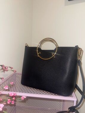 Women's Black Shoulder Bag with Gold Ring Handles
